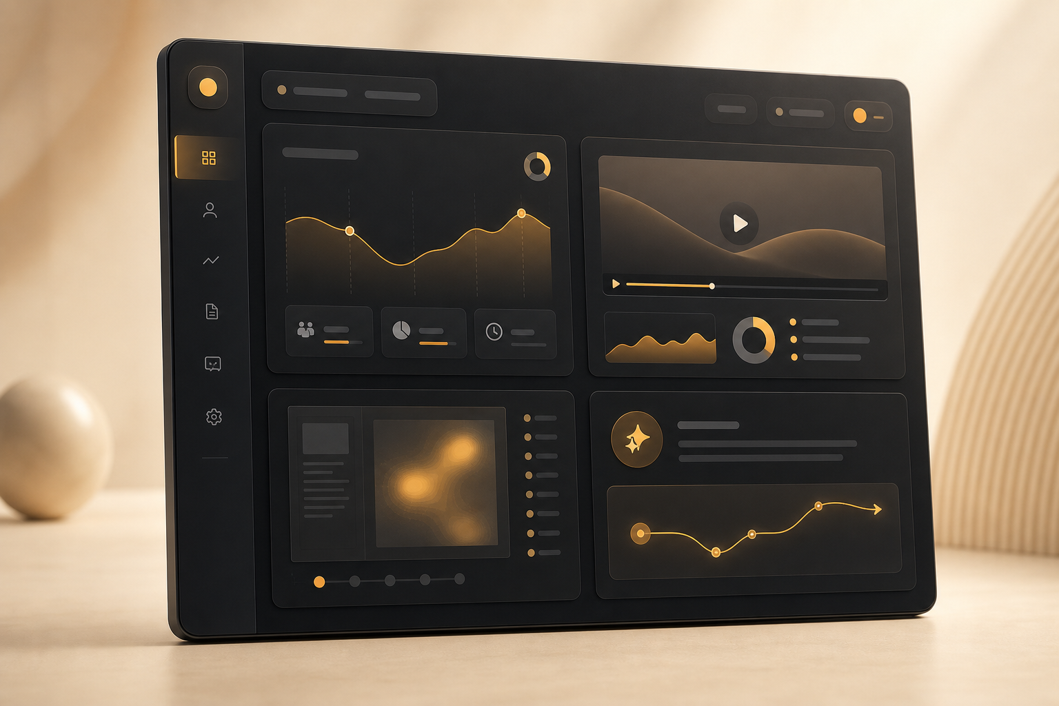 An angled analytics dashboard showing engagement, video attention, and AI guidance.
