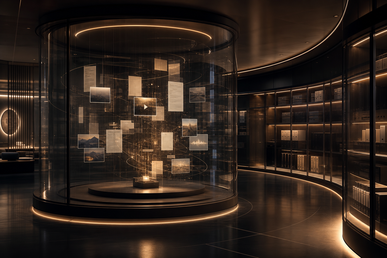 A futuristic secure digital room with documents, media, and analytical light trails.